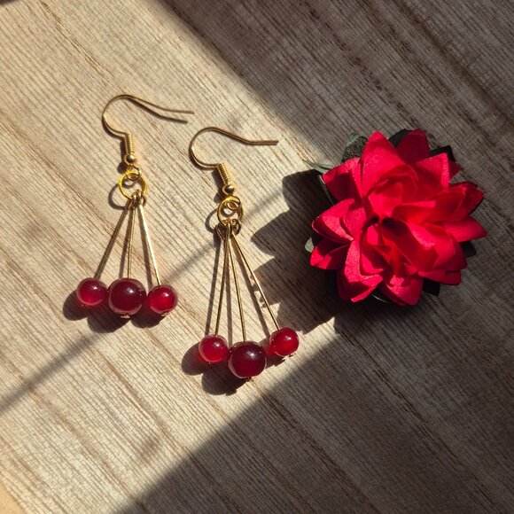 Hand Crafted Jewelry - Handmade Triangular & Asymmetrical 3 Red Bead Earrings